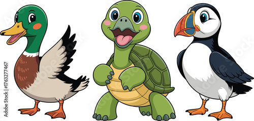 Cartoon animals illustration, duck turtle puffin vector, cute wildlife characters, educational children drawing, colorful nature design, playful animal artwork