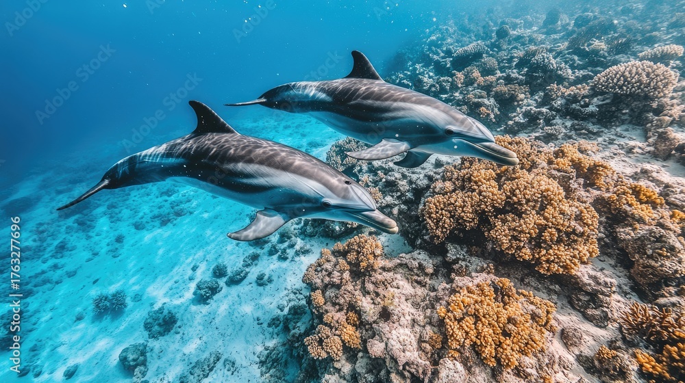 Fototapeta premium Two Wild Dolphins Gracefully Swimming over a Vibrant Coral Reef