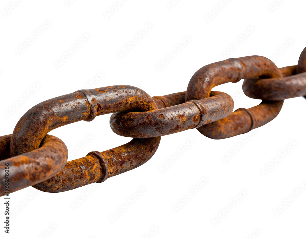 Fototapeta premium Close-up of a weathered, rusted chain links. Focus on texture, isolated on black