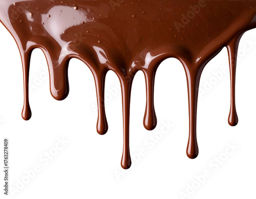 Dark chocolate melting and dripping against a stark black background