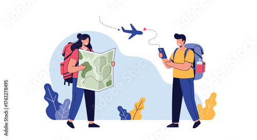 Two travelers exploring a map and using a phone for navigation during their journey.