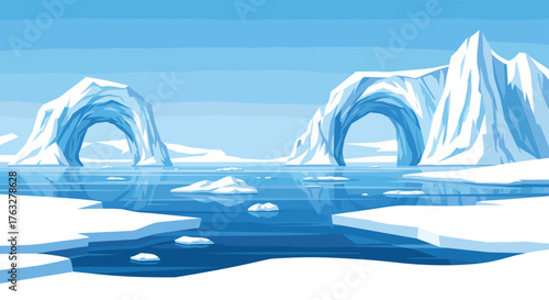 Arctic Landscape with Ice Arches and Floating Icebergs.