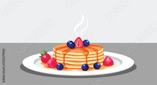 Delicious stack of pancakes with berries and syrup on a plate.