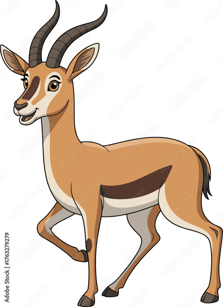 Fototapeta premium Cartoon antelope illustration, cute wildlife animal vector, safari character design, educational children drawing, friendly expression, African fauna concept art