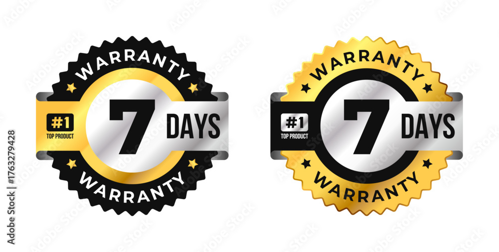 Naklejka premium Premium 7 days warranty circle badge vector with black, gold and silver colors. Perfect for product guarantee, icon, logo, symbol, seal, stickers, quality assurance, label, certification