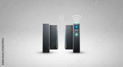 Modern security gate with wireless connectivity and shield icon, ensuring secure access control and data protection in a contemporary setting