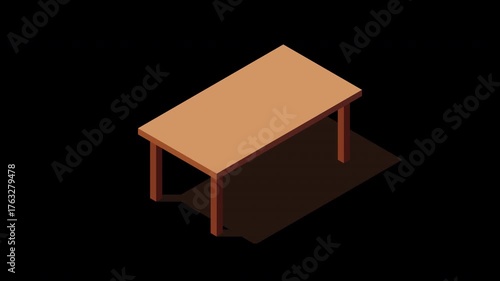Isometric table animation. Wooden table. Modern table. Isometric home furniture. Living room furniture. Transparent background with alpha channel