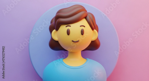 A 3d rendering of a woman with brown hair and a blue shirt against a purple background, perfect for a profile picture or avatar