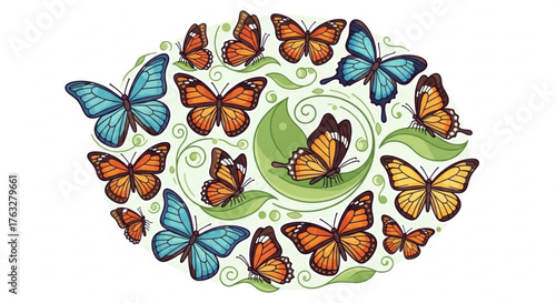 A beautiful arrangement of colorful butterflies and green leaves, creating a vibrant and eyecatching design