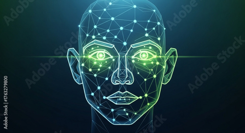 A futuristic digital face with glowing eyes and connected nodes represents artificial intelligence and biometric identification