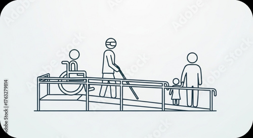 Illustration of a ramp with people with disabilities, including a person in a wheelchair and a blind person