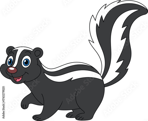 Cartoon skunk illustration, cute wildlife animal vector, friendly forest character, children educational drawing, playful nature design, black and white fauna art