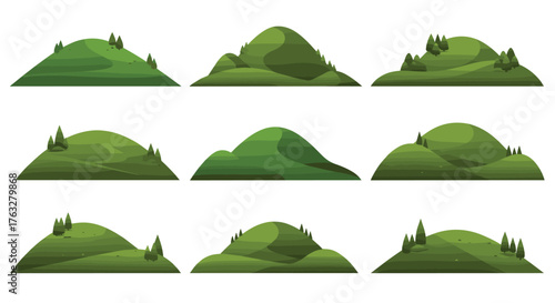 Collection of nine stylized green hills with trees on white background.