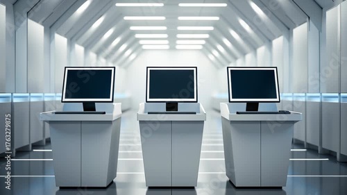 Election Cybersecurity Threats Concept. Futuristic workspace with three computers in a sleek, minimalistic environment.