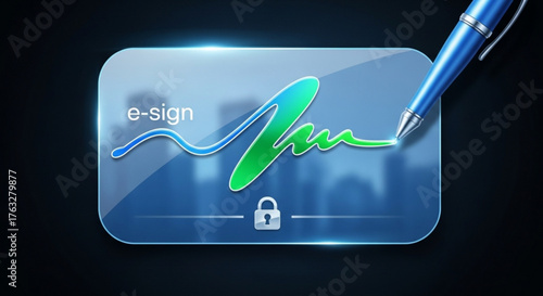 Esign concept showing a pen signing on a digital screen with a lock for security and authentication in a modern design style