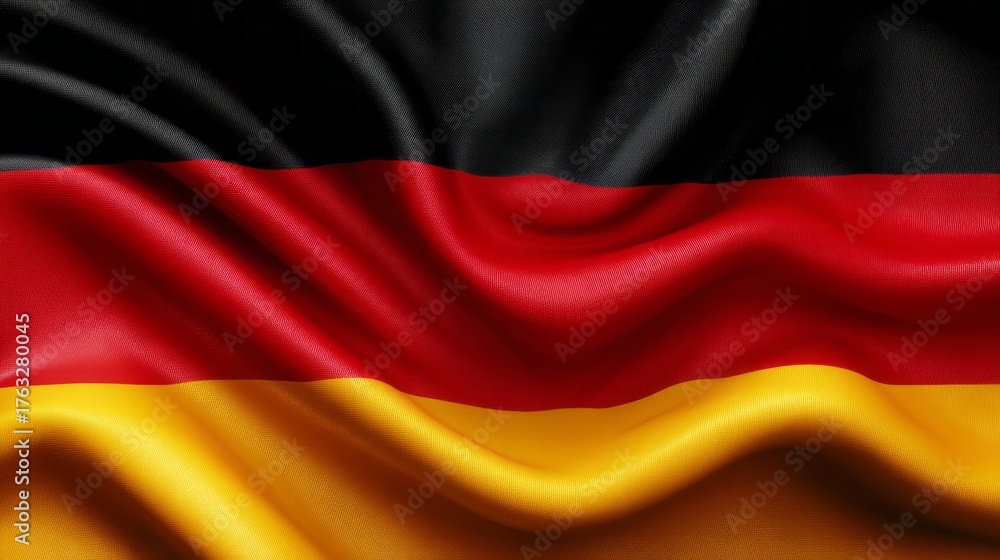 Fototapeta premium A black, red, and yellow flag ripples in the wind.