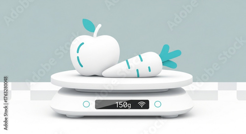 An apple and a carrot on a kitchen scale, symbolizing healthy eating and weight control, with a clean design