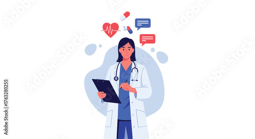 Female doctor with stethoscope and medical icons.