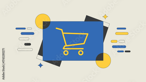Illustration of a yellow shopping cart on a blue square with geometric shapes around it on a beige background