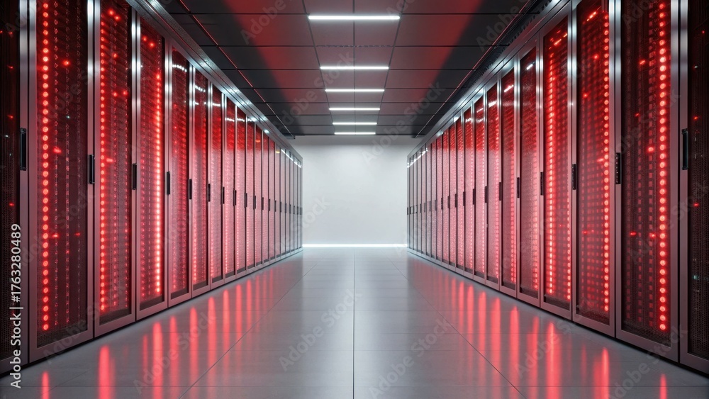 Fototapeta premium Election Cybersecurity Threats Concept. Futuristic data center with illuminated server racks in a sleek corridor.
