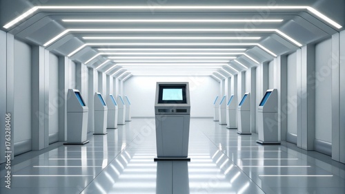 Election Cybersecurity Threats Concept. Futuristic interior with kiosks in a sleek, modern environment.