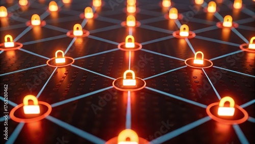 Election Cybersecurity Threats Concept. Colorful illuminated locks arranged in a network pattern on a dark surface.