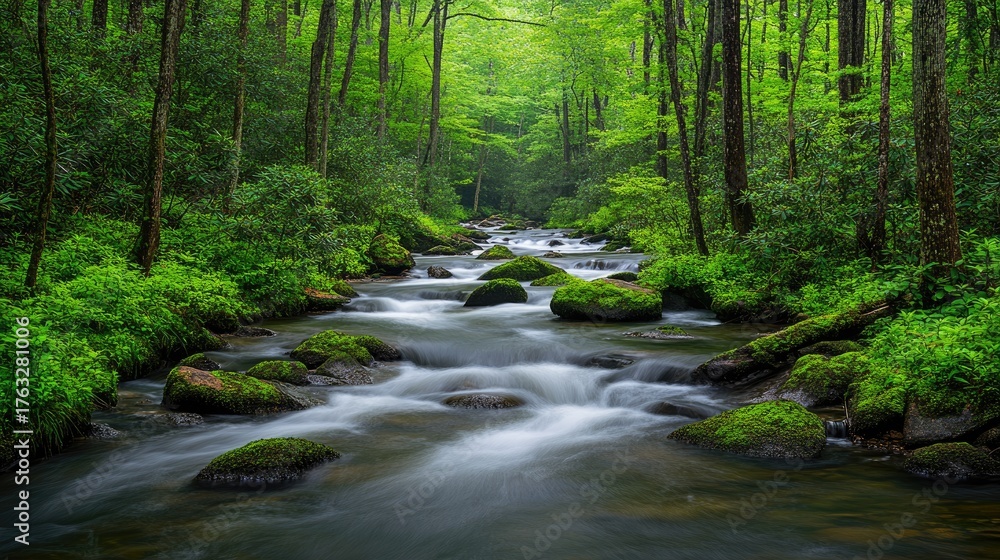 Obraz premium Serene Forest Stream with Mossy Rocks and Vibrant Green Lush Foliage
