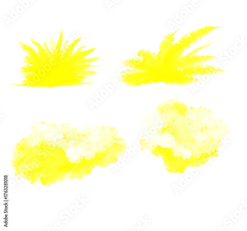 Four yellow watercolor splash and cloud elements dynamic abstract paint brushstrokes isolated on transparent background Hand Draw