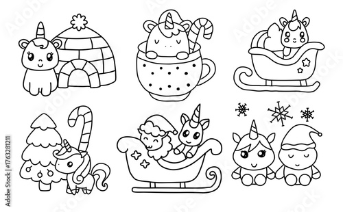 Christmas Unicorn and friends concepts, Cute Christmas unicorns in various festive scenes bring joy and cheer