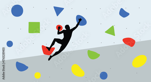 Simple flat illustration Silhouette of a climber on a colorful geometric bouldering wall
