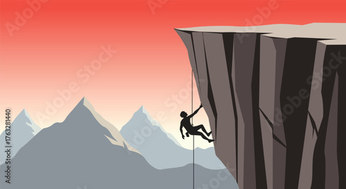 Simple flat illustration Silhouette of a rock climber rappelling down a steep mountain cliff during a vibrant sunset