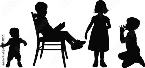 Children silhouettes illustration, kids activity vector, childhood posture drawing, reading book, walking toddler, playful gesture, lifestyle concept, educational family design