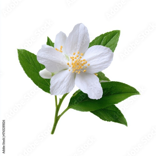 Jasmine flower close up isolated on white background studio shot of blooming plant with green leaves