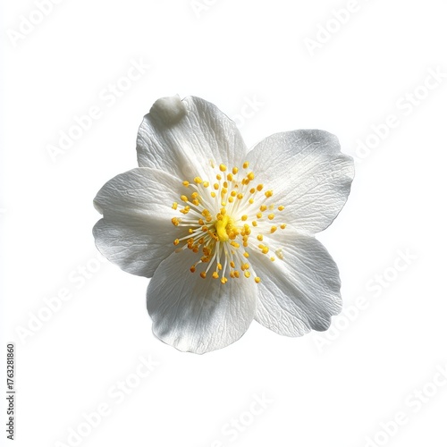 Isolated Philadelphus Flower Blossom Close Up Studio Shot Overhead View White Petals Yellow Stamens Floral Beauty