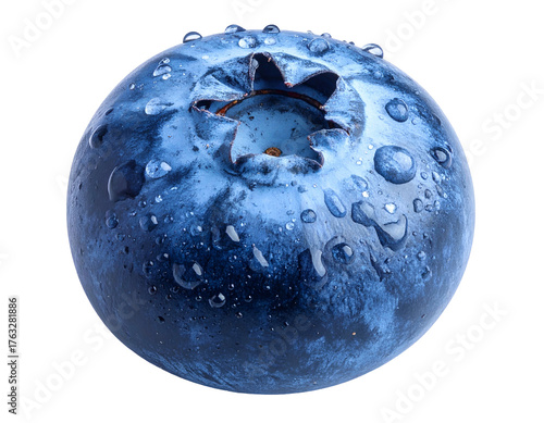 A close-up of a single ripe, round berry covered in water droplets against black