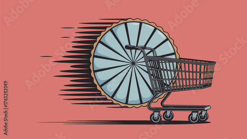 A pie in a shopping cart with motion lines on a salmon colored background in a cartoon style image