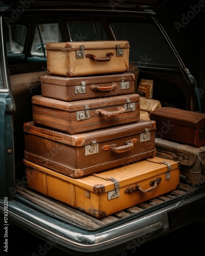 Stack of Vintage Suitcases in Car Trunk Close-Up Nostalgic Travel Concept Antique Luggage Pile Road Trip