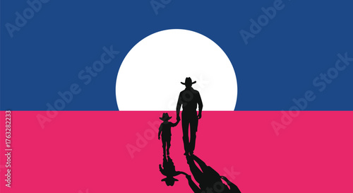 minimalist style cowboy and kid walking flat illustration