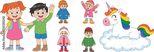 Children with unicorn illustration, fantasy kids vector, colorful cartoon drawing, joyful childhood scene, magical rainbow animal, educational and playful design