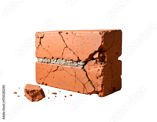 Fractured brick reveals a light-colored interior; isolated against black