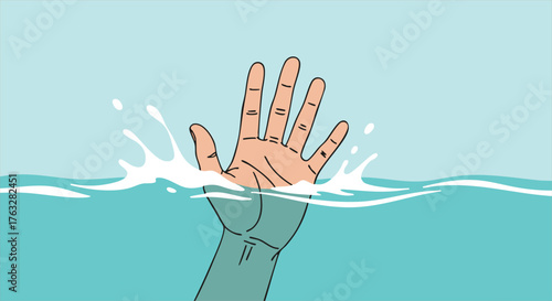 Simple flat illustration hand reaching out from water surface and needing help