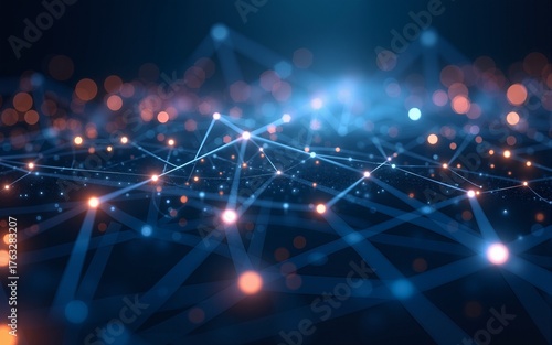 Abstract Futuristic Network: Glowing Lines and Nodes, Digital Connectivity, AI Technology. High quality