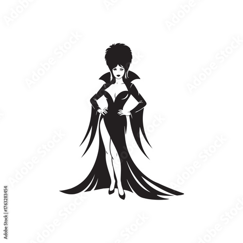 Black Color Elvira Halloween Silhouette on White Background.