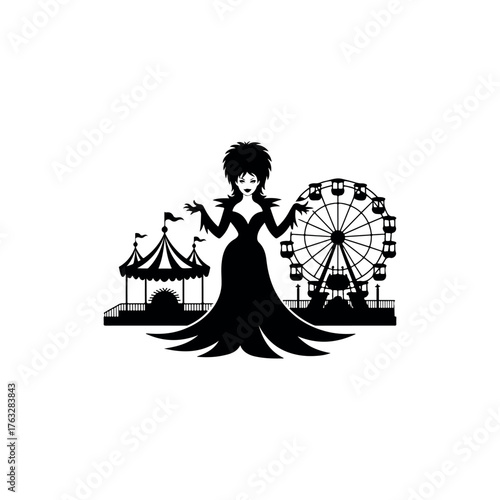 Black Color Elvira Halloween Silhouette on White Background.