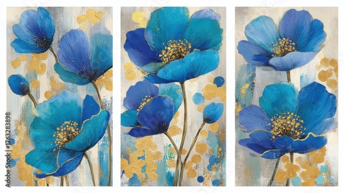 Three Panel View of Blue Poppy Flowers with Gold Accents in Oil Painting Style