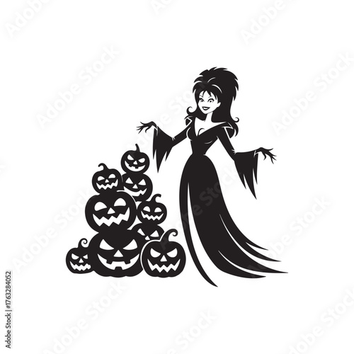 Black Color Elvira Halloween Silhouette on White Background.