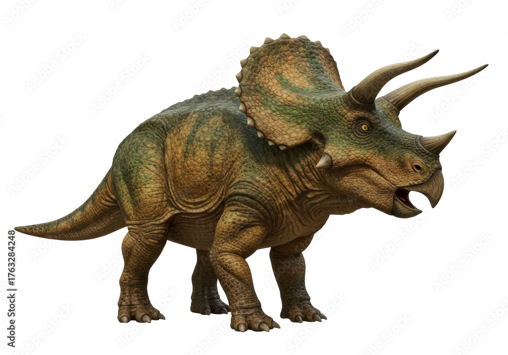 Fototapeta premium Isolated Triceratops with horns, beak, frill, and armor, in front view ready to attack