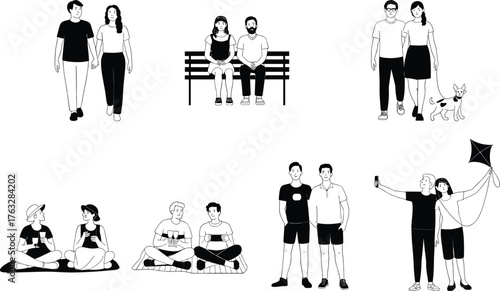 Couple silhouettes illustration, outdoor activities, romantic lifestyle vector, leisure time drawing, picnic, walking, kite flying, companionship concept, cartoon design