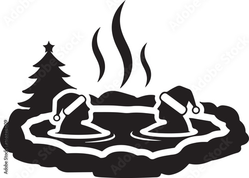 Couple in hot tub with Christmas tree and Santa hats