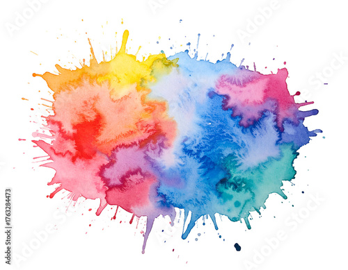 Watercolor splatter, a burst of rainbow hues, isolated against a black backdrop